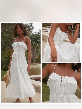 Anthropologie White Ruffled Tie-Waist Spaghetti Strap Maxi Dress